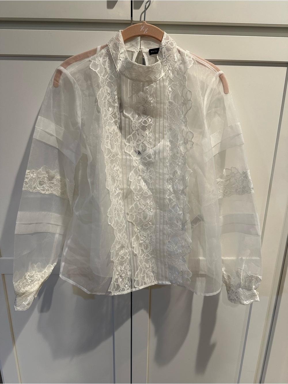 White House Black Market White Sheer Lace-Trim High Neck Blouse